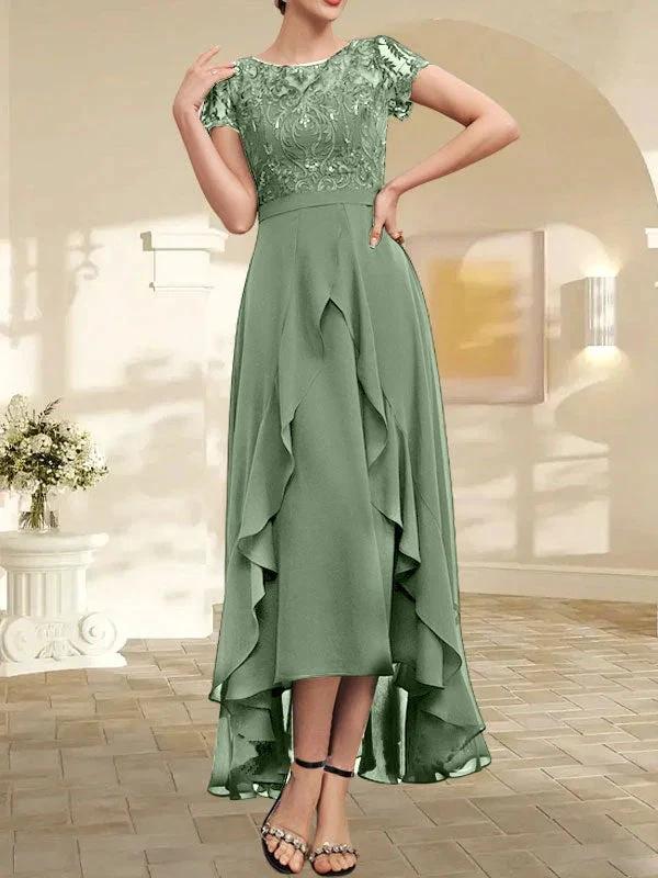 A-line Scoop Illusion Asymmetrical Chiffon Lace Mother of the Bride Dress With Bow Ruffle Sequins - Image 43