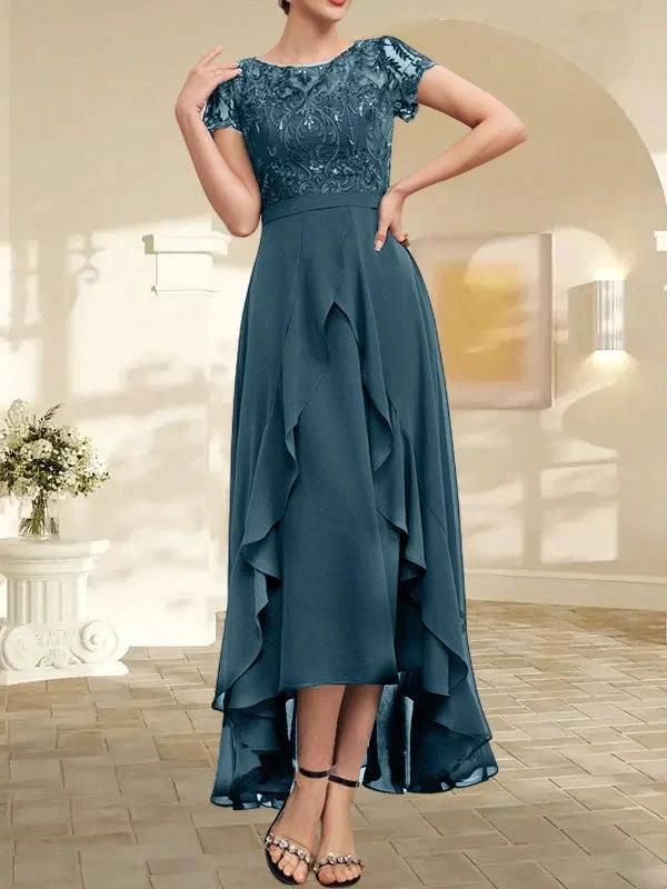 A-line Scoop Illusion Asymmetrical Chiffon Lace Mother of the Bride Dress With Bow Ruffle Sequins - Image 45