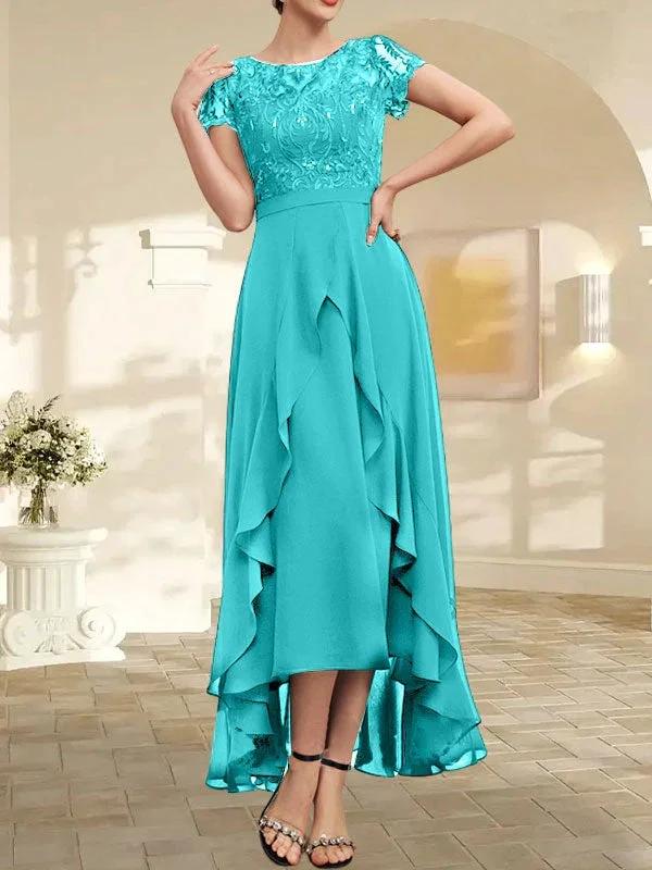 A-line Scoop Illusion Asymmetrical Chiffon Lace Mother of the Bride Dress With Bow Ruffle Sequins - Image 46