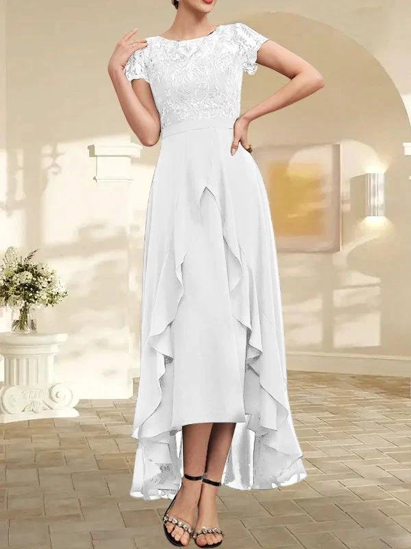 A-line Scoop Illusion Asymmetrical Chiffon Lace Mother of the Bride Dress With Bow Ruffle Sequins - Image 47