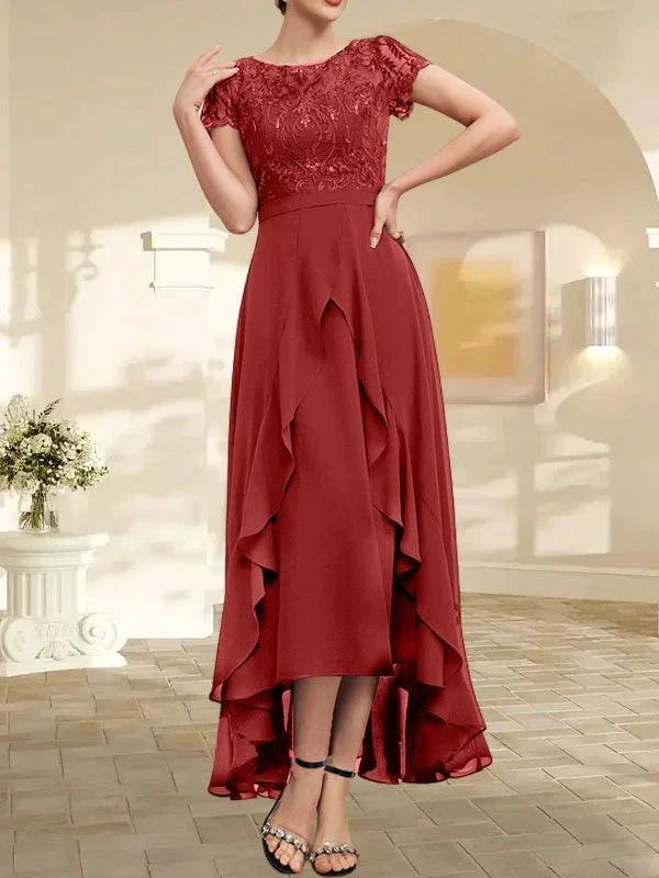 A-line Scoop Illusion Asymmetrical Chiffon Lace Mother of the Bride Dress With Bow Ruffle Sequins - Image 48