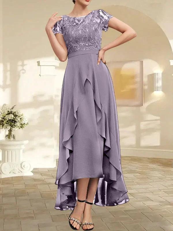 A-line Scoop Illusion Asymmetrical Chiffon Lace Mother of the Bride Dress With Bow Ruffle Sequins - Image 49