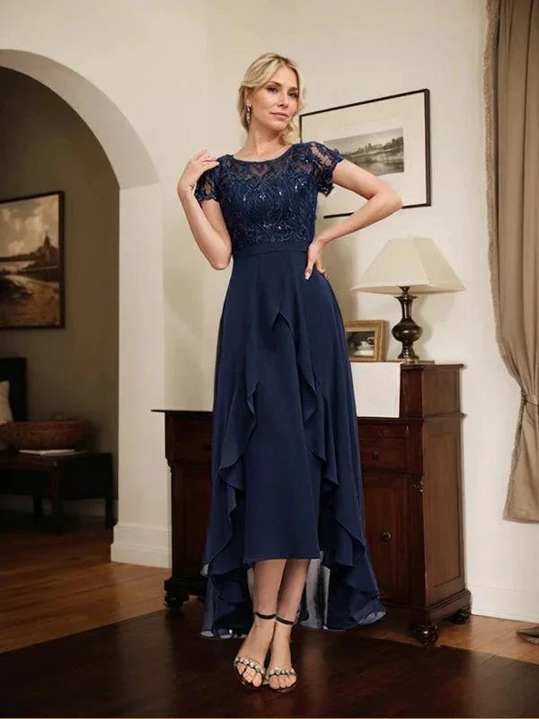 A-line Scoop Illusion Asymmetrical Chiffon Lace Mother of the Bride Dress With Bow Ruffle Sequins - Image 5