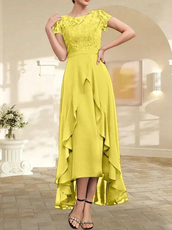 A-line Scoop Illusion Asymmetrical Chiffon Lace Mother of the Bride Dress With Bow Ruffle Sequins - Image 50