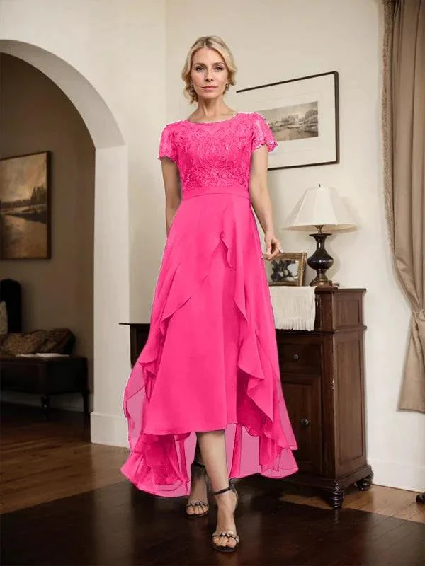 A-line Scoop Illusion Asymmetrical Chiffon Lace Mother of the Bride Dress With Bow Ruffle Sequins - Image 51