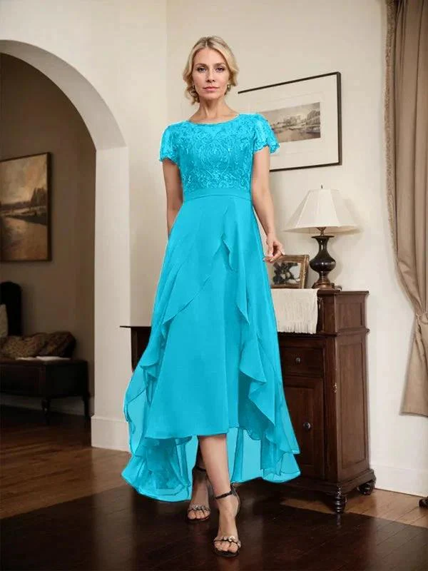 A-line Scoop Illusion Asymmetrical Chiffon Lace Mother of the Bride Dress With Bow Ruffle Sequins - Image 52
