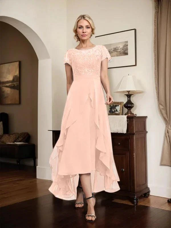 A-line Scoop Illusion Asymmetrical Chiffon Lace Mother of the Bride Dress With Bow Ruffle Sequins - Image 53