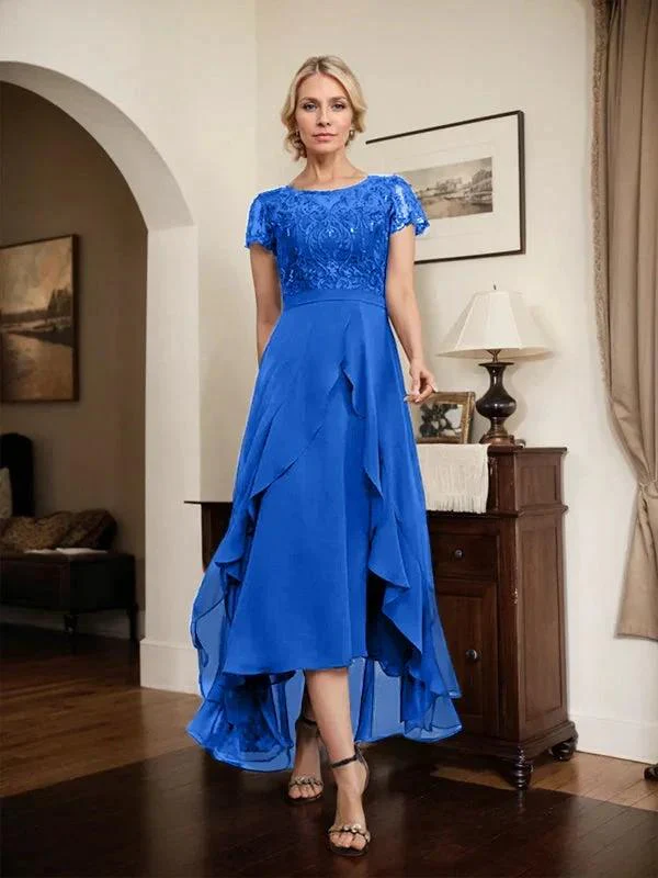 A-line Scoop Illusion Asymmetrical Chiffon Lace Mother of the Bride Dress With Bow Ruffle Sequins - Image 54