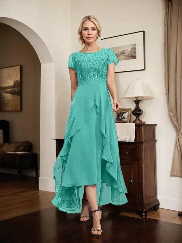 A-line Scoop Illusion Asymmetrical Chiffon Lace Mother of the Bride Dress With Bow Ruffle Sequins - Image 55