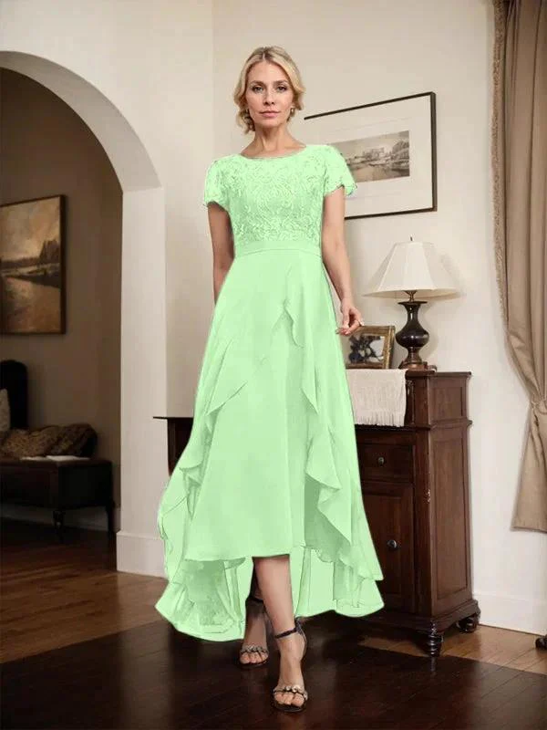 A-line Scoop Illusion Asymmetrical Chiffon Lace Mother of the Bride Dress With Bow Ruffle Sequins - Image 56