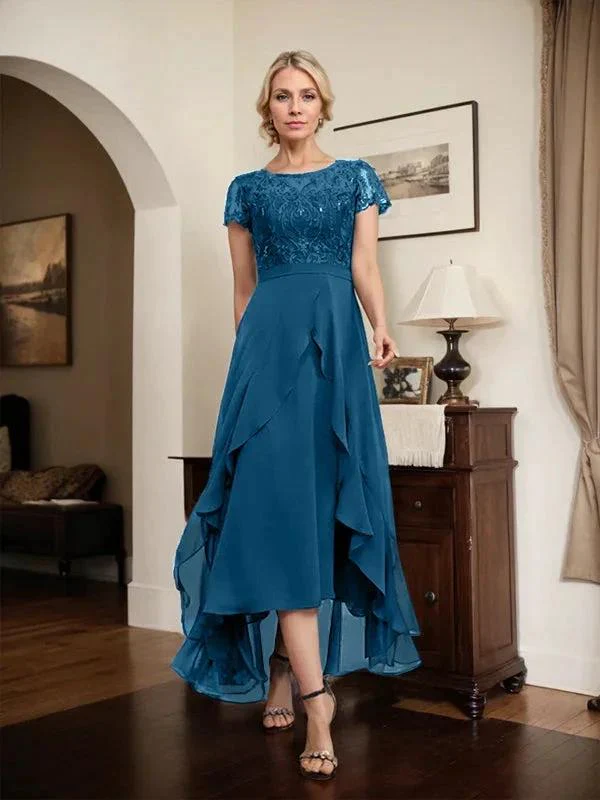 A-line Scoop Illusion Asymmetrical Chiffon Lace Mother of the Bride Dress With Bow Ruffle Sequins - Image 57