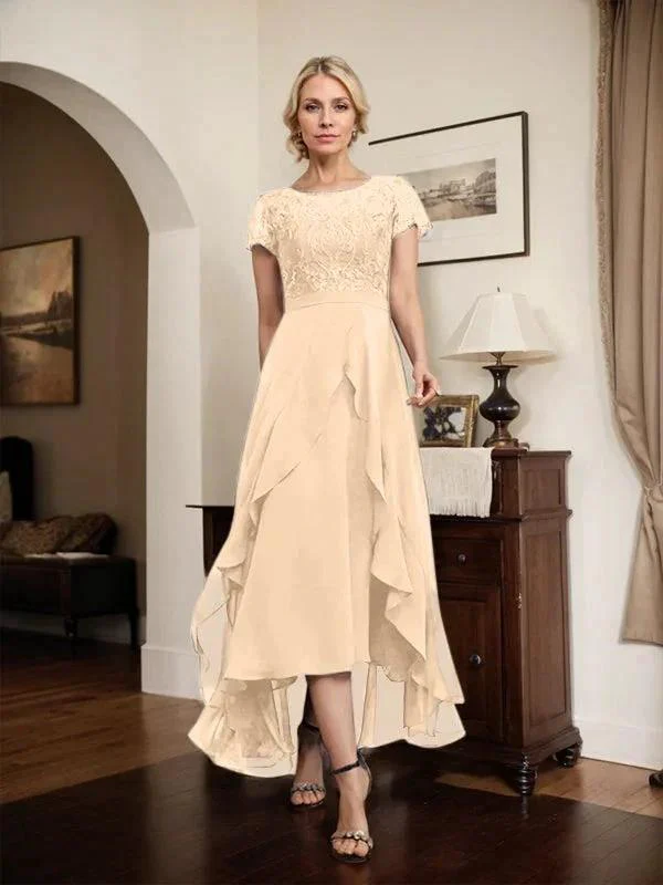 A-line Scoop Illusion Asymmetrical Chiffon Lace Mother of the Bride Dress With Bow Ruffle Sequins - Image 58