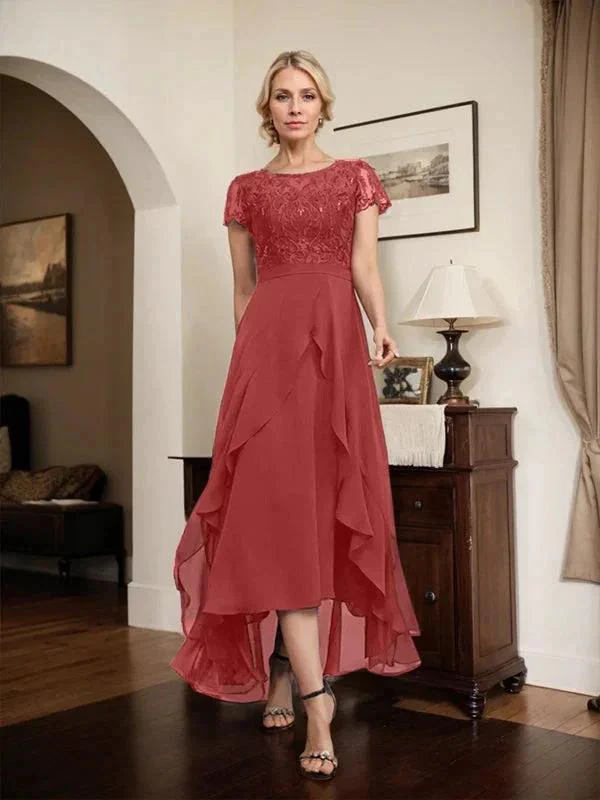 A-line Scoop Illusion Asymmetrical Chiffon Lace Mother of the Bride Dress With Bow Ruffle Sequins - Image 59
