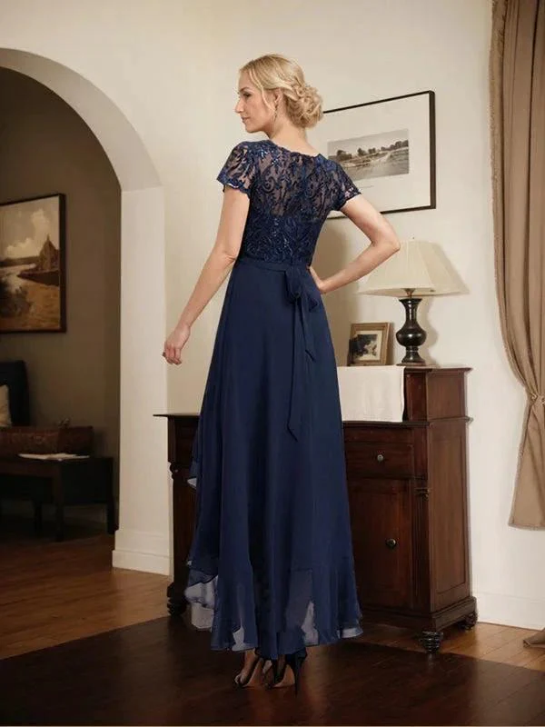 A-line Scoop Illusion Asymmetrical Chiffon Lace Mother of the Bride Dress With Bow Ruffle Sequins - Image 6