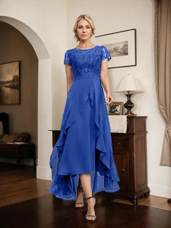 A-line Scoop Illusion Asymmetrical Chiffon Lace Mother of the Bride Dress With Bow Ruffle Sequins - Image 60