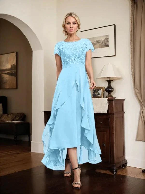 A-line Scoop Illusion Asymmetrical Chiffon Lace Mother of the Bride Dress With Bow Ruffle Sequins - Image 61