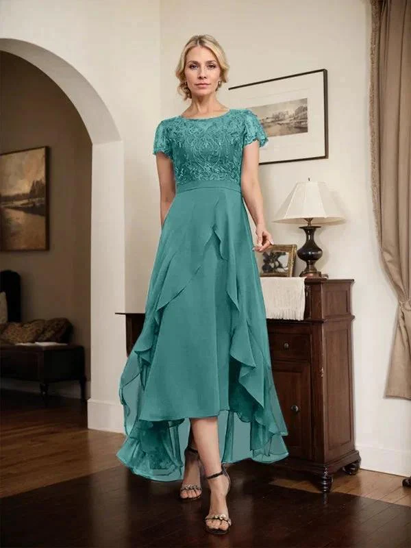 A-line Scoop Illusion Asymmetrical Chiffon Lace Mother of the Bride Dress With Bow Ruffle Sequins - Image 62