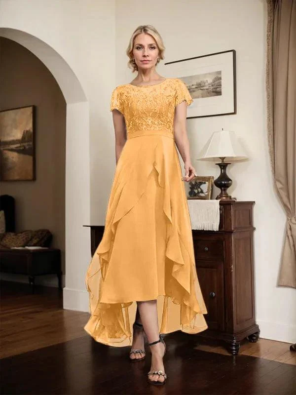 A-line Scoop Illusion Asymmetrical Chiffon Lace Mother of the Bride Dress With Bow Ruffle Sequins - Image 63