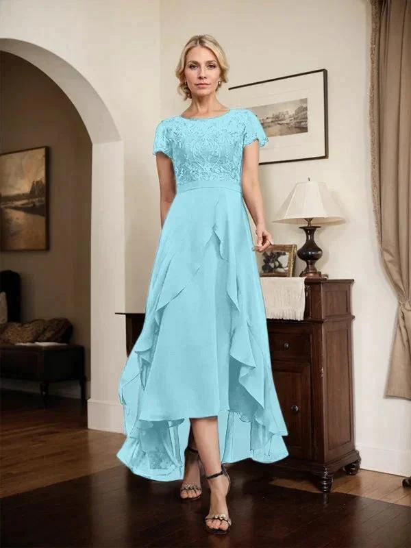 A-line Scoop Illusion Asymmetrical Chiffon Lace Mother of the Bride Dress With Bow Ruffle Sequins - Image 64