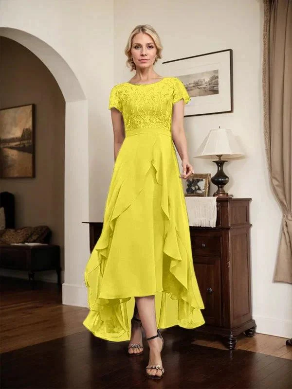 A-line Scoop Illusion Asymmetrical Chiffon Lace Mother of the Bride Dress With Bow Ruffle Sequins - Image 65