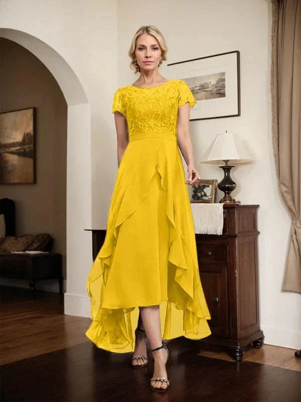 A-line Scoop Illusion Asymmetrical Chiffon Lace Mother of the Bride Dress With Bow Ruffle Sequins - Image 66