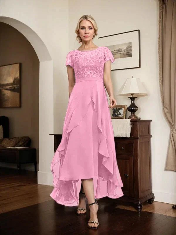 A-line Scoop Illusion Asymmetrical Chiffon Lace Mother of the Bride Dress With Bow Ruffle Sequins - Image 67