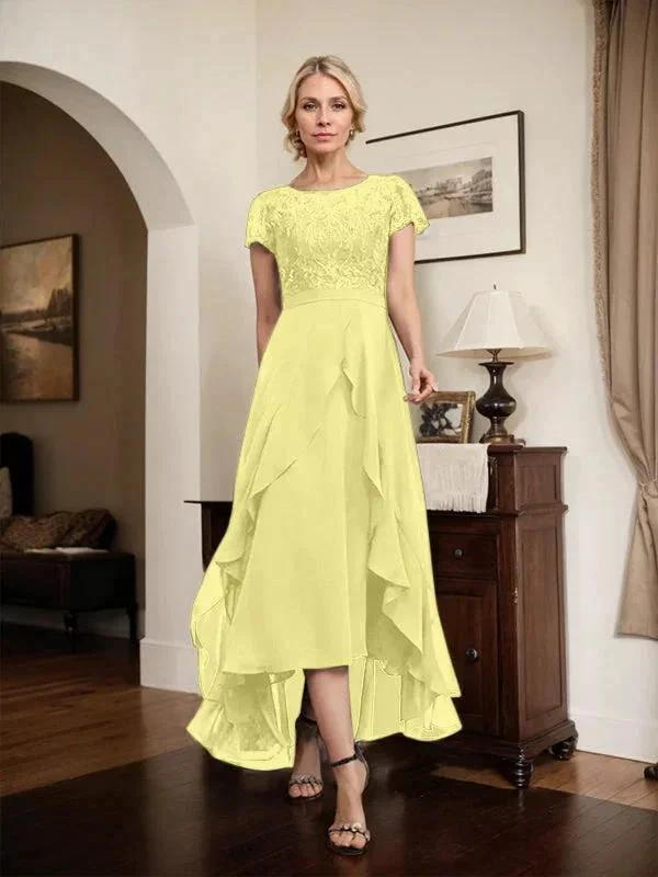 A-line Scoop Illusion Asymmetrical Chiffon Lace Mother of the Bride Dress With Bow Ruffle Sequins - Image 68