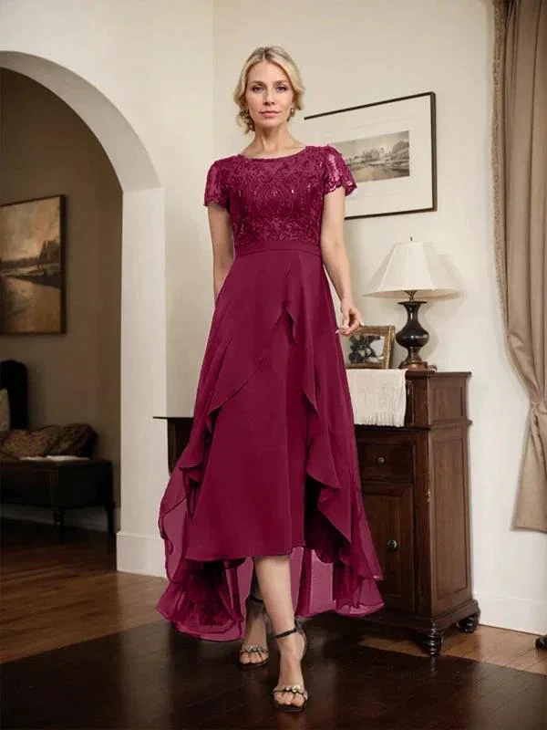 A-line Scoop Illusion Asymmetrical Chiffon Lace Mother of the Bride Dress With Bow Ruffle Sequins - Image 69