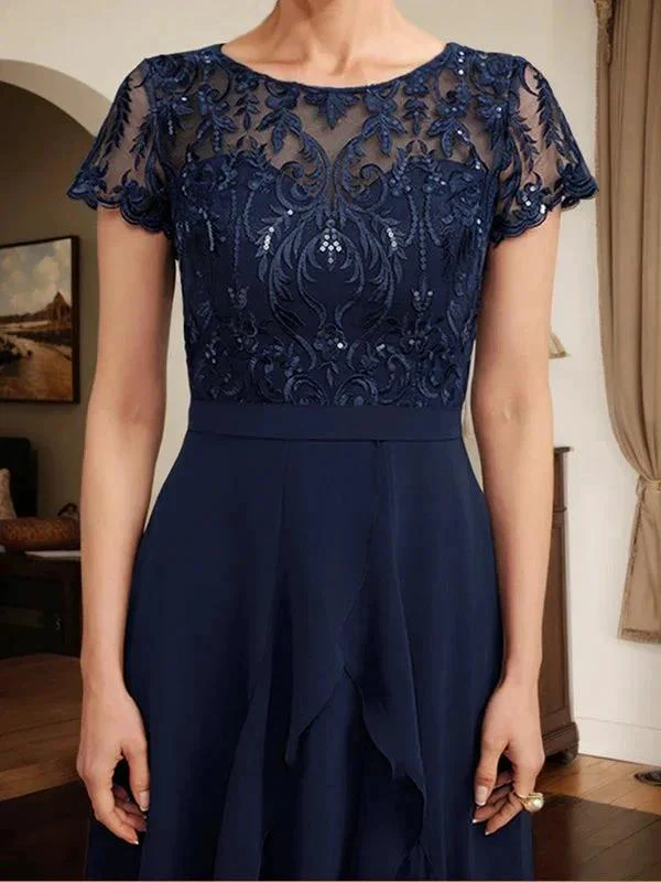 A-line Scoop Illusion Asymmetrical Chiffon Lace Mother of the Bride Dress With Bow Ruffle Sequins - Image 7