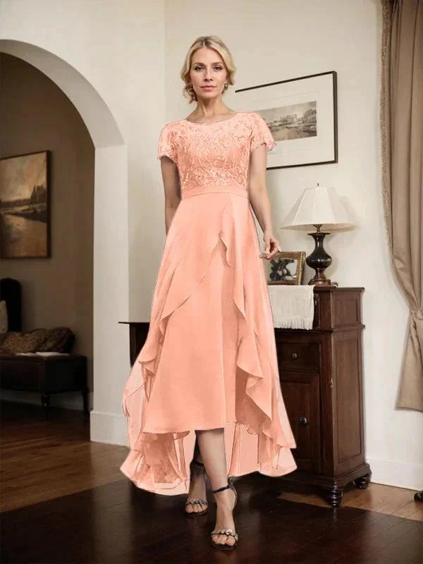 A-line Scoop Illusion Asymmetrical Chiffon Lace Mother of the Bride Dress With Bow Ruffle Sequins - Image 70