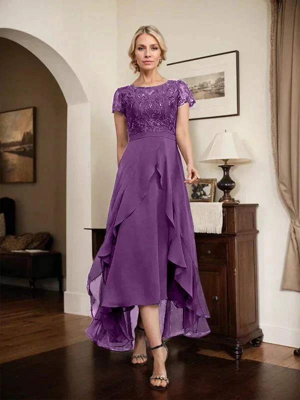 A-line Scoop Illusion Asymmetrical Chiffon Lace Mother of the Bride Dress With Bow Ruffle Sequins - Image 71