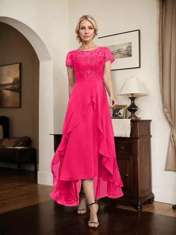 A-line Scoop Illusion Asymmetrical Chiffon Lace Mother of the Bride Dress With Bow Ruffle Sequins - Image 73