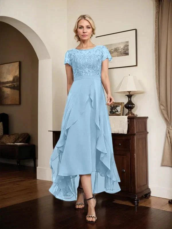A-line Scoop Illusion Asymmetrical Chiffon Lace Mother of the Bride Dress With Bow Ruffle Sequins - Image 74