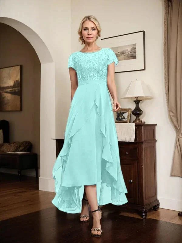 A-line Scoop Illusion Asymmetrical Chiffon Lace Mother of the Bride Dress With Bow Ruffle Sequins - Image 75