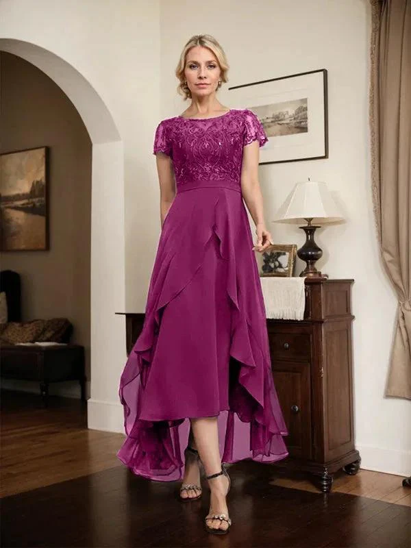 A-line Scoop Illusion Asymmetrical Chiffon Lace Mother of the Bride Dress With Bow Ruffle Sequins - Image 76