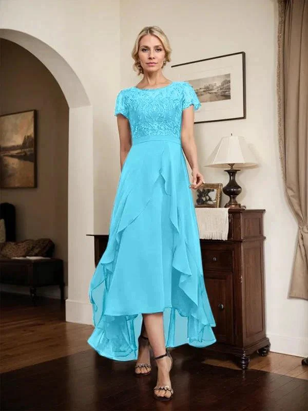 A-line Scoop Illusion Asymmetrical Chiffon Lace Mother of the Bride Dress With Bow Ruffle Sequins - Image 77