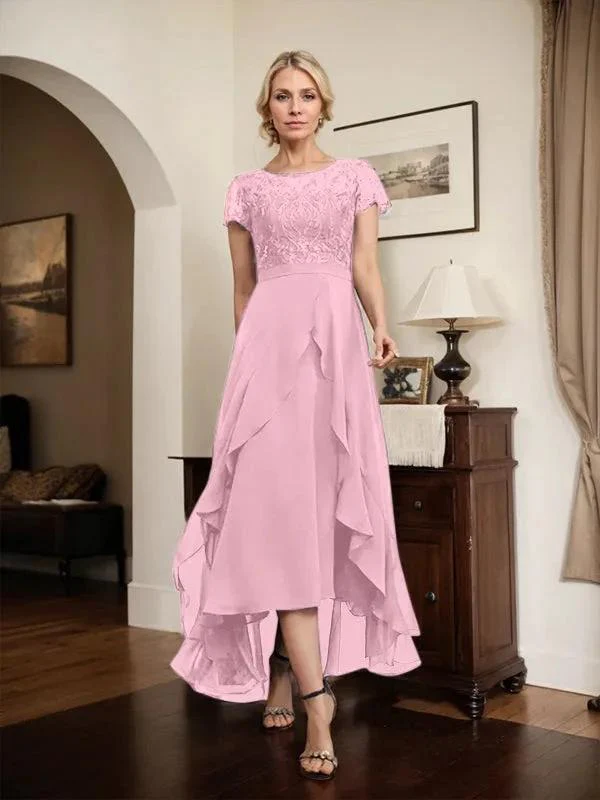 A-line Scoop Illusion Asymmetrical Chiffon Lace Mother of the Bride Dress With Bow Ruffle Sequins - Image 78