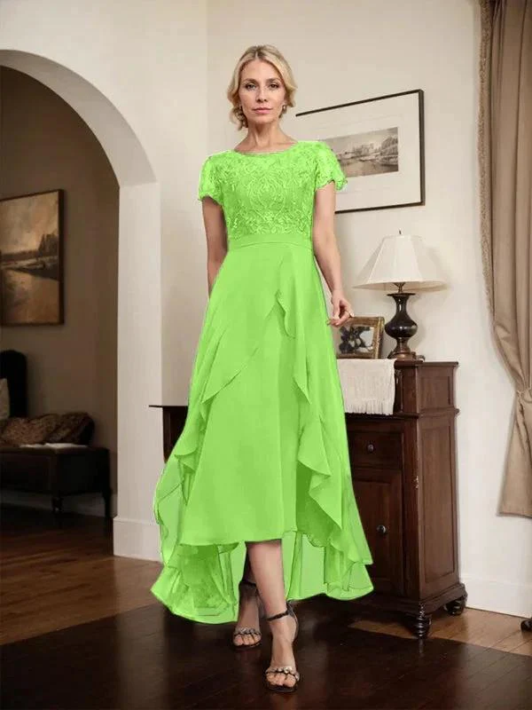 A-line Scoop Illusion Asymmetrical Chiffon Lace Mother of the Bride Dress With Bow Ruffle Sequins - Image 79