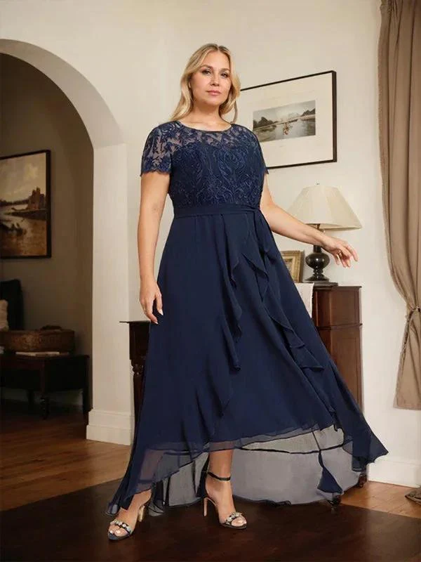 A-line Scoop Illusion Asymmetrical Chiffon Lace Mother of the Bride Dress With Bow Ruffle Sequins - Image 8