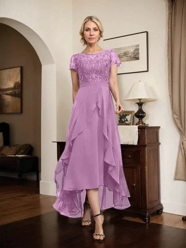 A-line Scoop Illusion Asymmetrical Chiffon Lace Mother of the Bride Dress With Bow Ruffle Sequins - Image 80