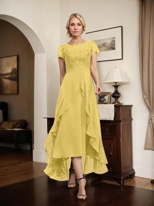 A-line Scoop Illusion Asymmetrical Chiffon Lace Mother of the Bride Dress With Bow Ruffle Sequins - Image 81