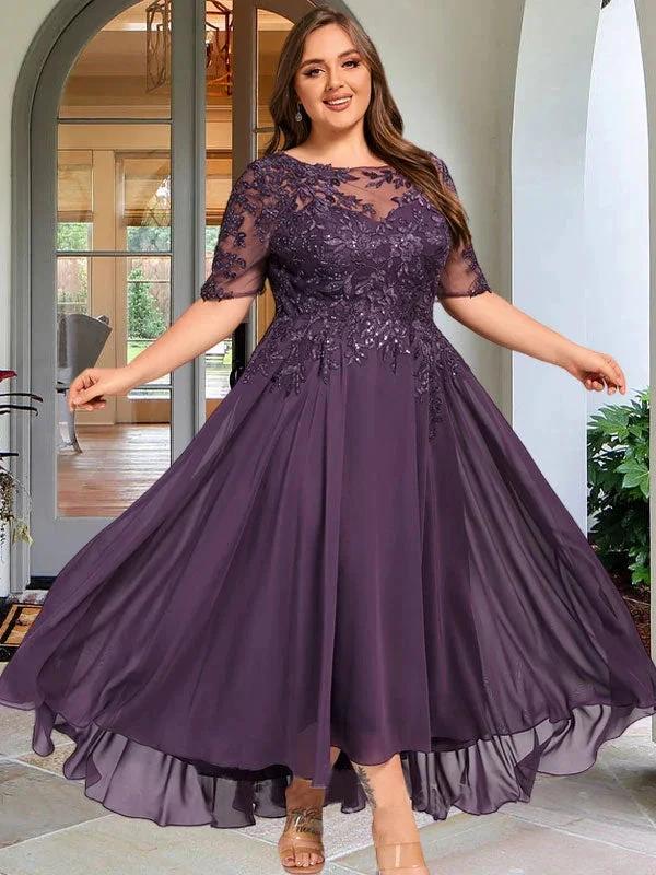 A-line Scoop Illusion Asymmetrical Chiffon Lace Mother of the Bride Dress With Sequins - Image 11