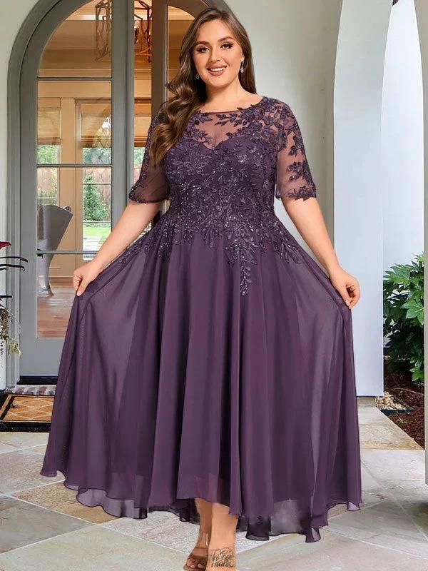 A-line Scoop Illusion Asymmetrical Chiffon Lace Mother of the Bride Dress With Sequins - Image 12