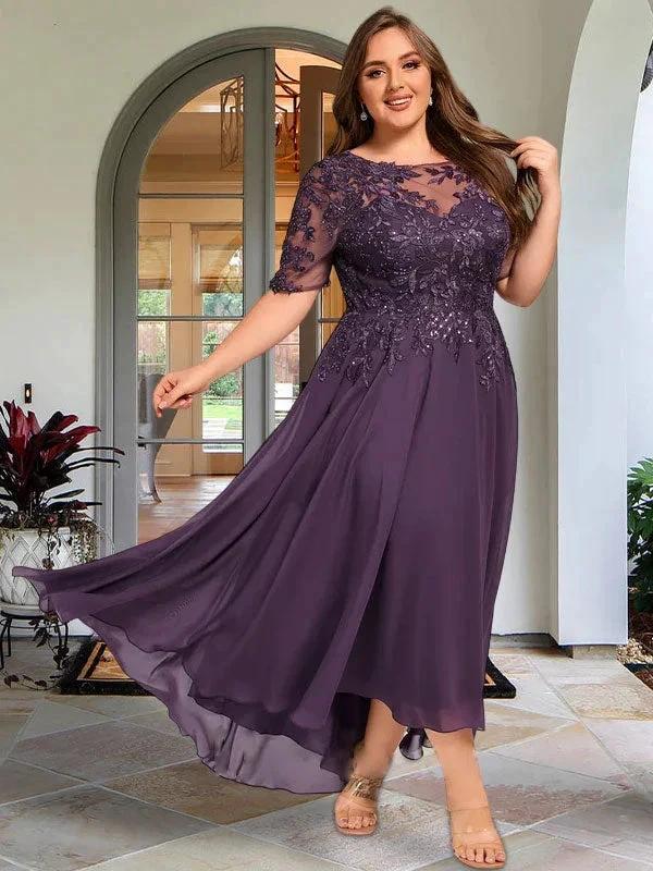 A-line Scoop Illusion Asymmetrical Chiffon Lace Mother of the Bride Dress With Sequins - Image 13