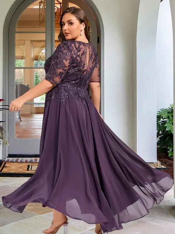 A-line Scoop Illusion Asymmetrical Chiffon Lace Mother of the Bride Dress With Sequins - Image 14