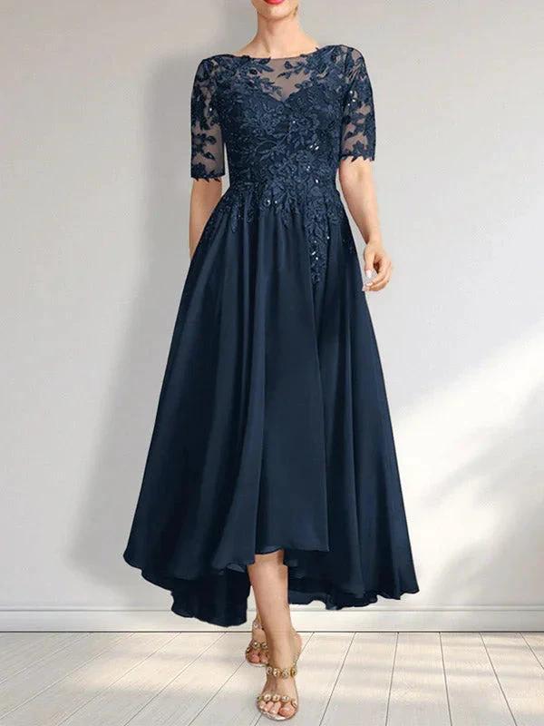A-line Scoop Illusion Asymmetrical Chiffon Lace Mother of the Bride Dress With Sequins - Image 15