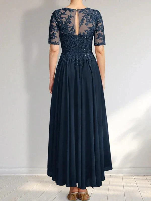 A-line Scoop Illusion Asymmetrical Chiffon Lace Mother of the Bride Dress With Sequins - Image 16