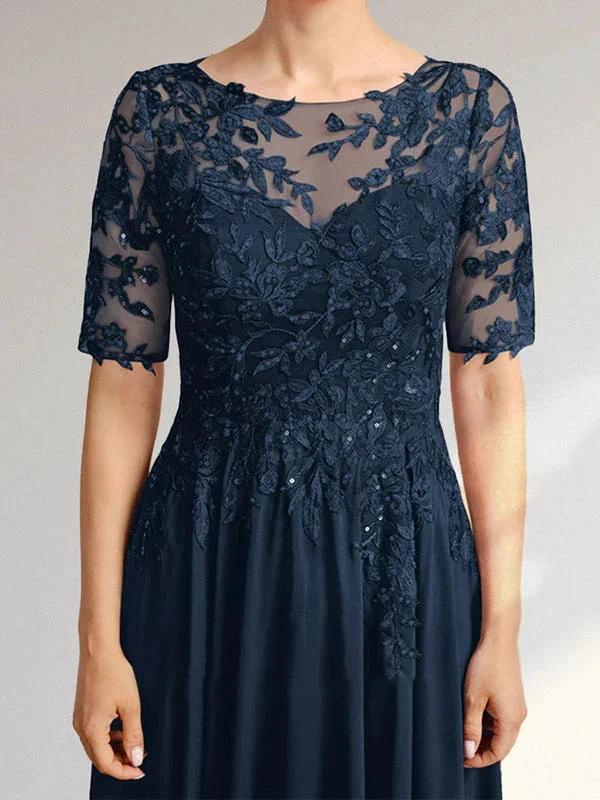 A-line Scoop Illusion Asymmetrical Chiffon Lace Mother of the Bride Dress With Sequins - Image 17