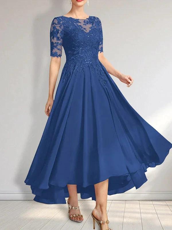 A-line Scoop Illusion Asymmetrical Chiffon Lace Mother of the Bride Dress With Sequins - Image 19