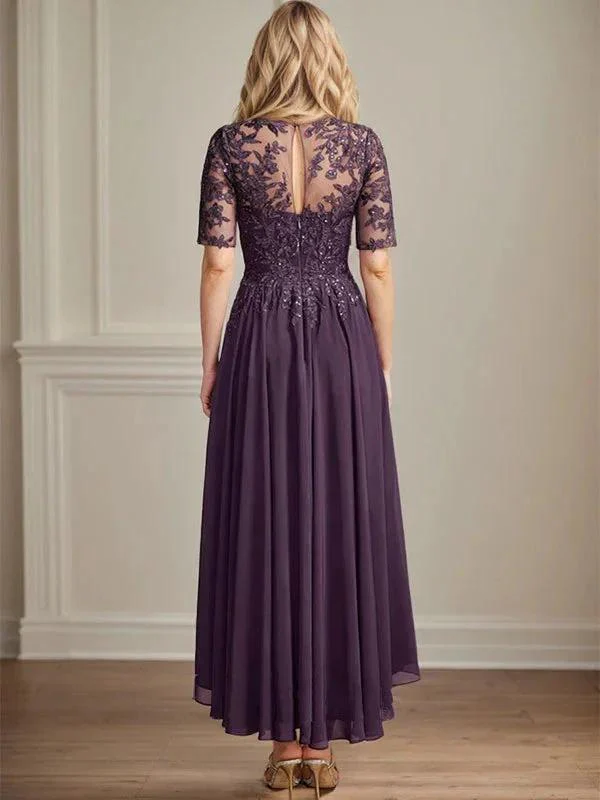 A-line Scoop Illusion Asymmetrical Chiffon Lace Mother of the Bride Dress With Sequins - Image 2